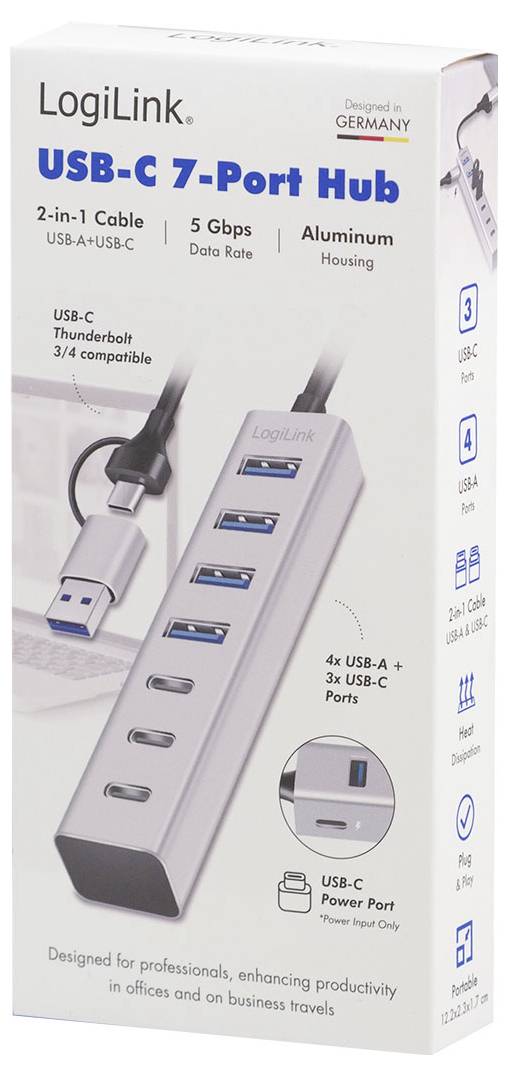LogiLink USB-C 7-porthubb med 2-i-1 USB-A/USB-C-kabel, 5 Gbps datahastighet, aluminiumhölje, fyra USB-A-portar, tre USB-C-portar och USB-C-strömport.