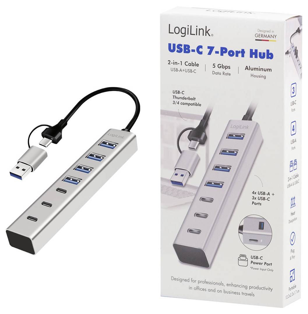 LogiLink USB-C 7-ports hub med aluminiumhölje, 2-i-1 USB-A/USB-C-kabel, fyra USB-A-portar, tre USB-C-portar och 5 Gbps datahastighet, visad med produktförpackning.