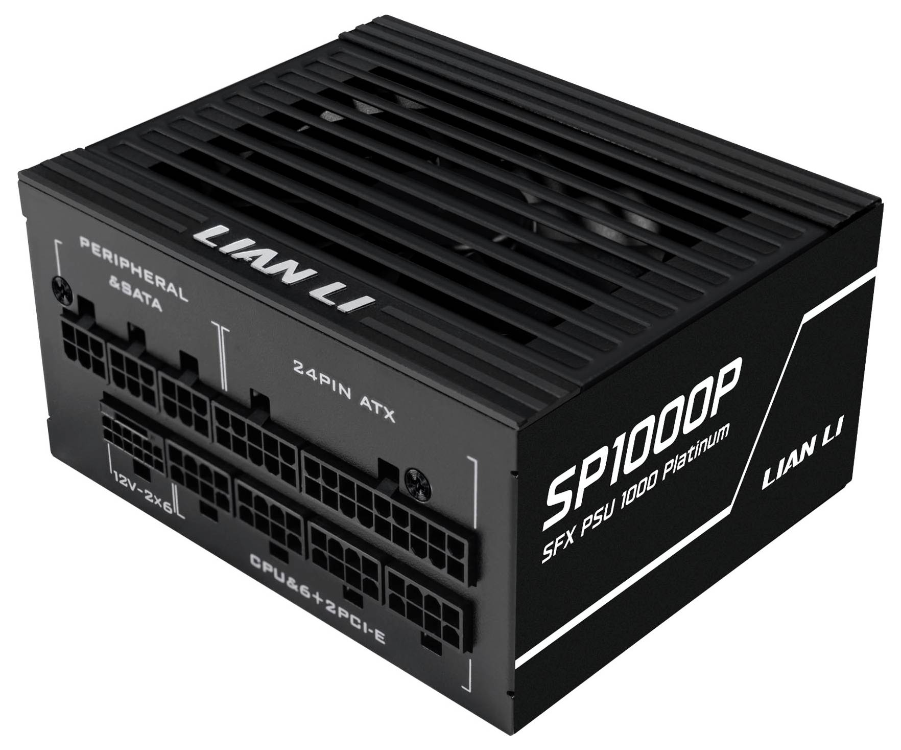 'Lian Li SP1000P SFX PSU' sedd från sidan med portar för kringutrustning, 24-stifts ATX, 12V och CPU/PCIe-anslutningar.