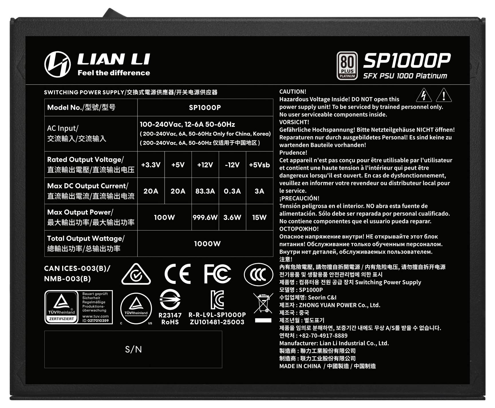 Lian Li SP Series Platinum 80 PLUS Platinum PC nätaggregat 1000 W SFX 80PLUS® Platinum-5