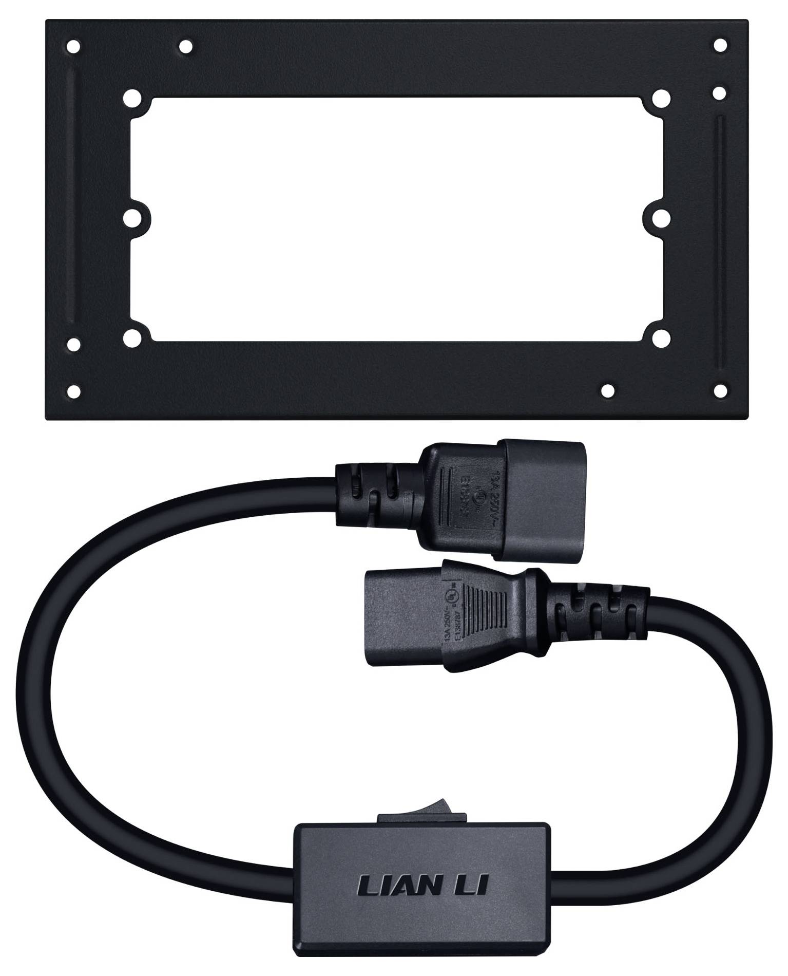 'Periferi & SATA', '24-stifts ATX' och 'CPU & 6+2 PCI-E' märkta portar på en strömförsyningsenhet; bakpanel med strömomkopplare och kontakt.