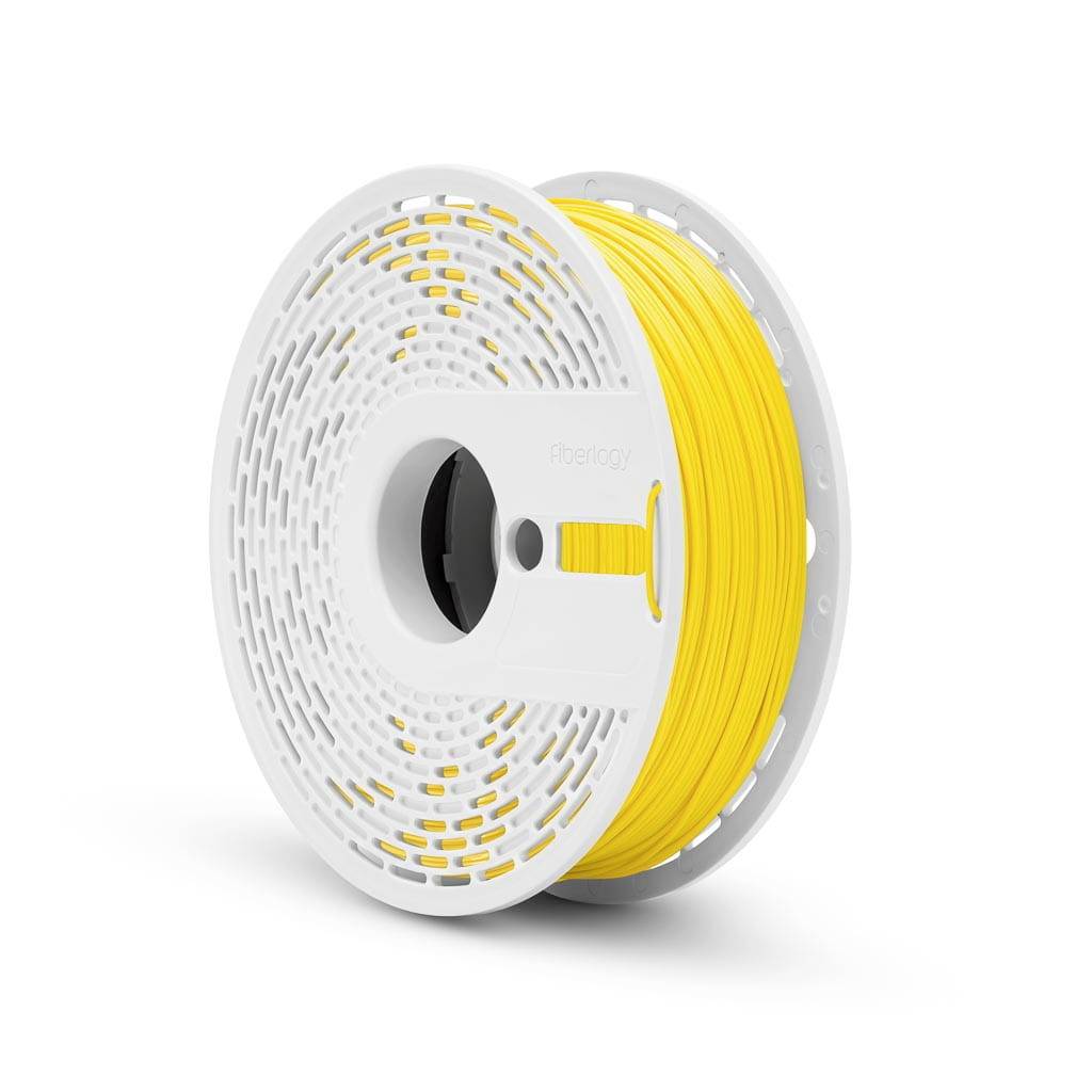 Rulle med glödande gult filament på en vit plastspole, visad i en produktstilvyn på en enkel bakgrund.