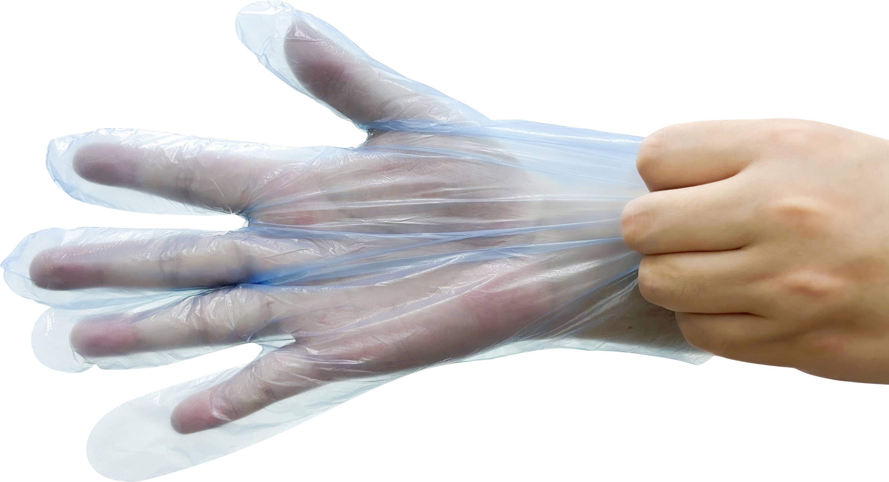 En person sträcker en transparent handske på sin hand, vilket illustrerar dess robusthet och flexibilitet.