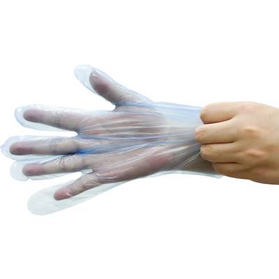 En person sträcker en transparent handske på sin hand, vilket illustrerar dess robusthet och flexibilitet.