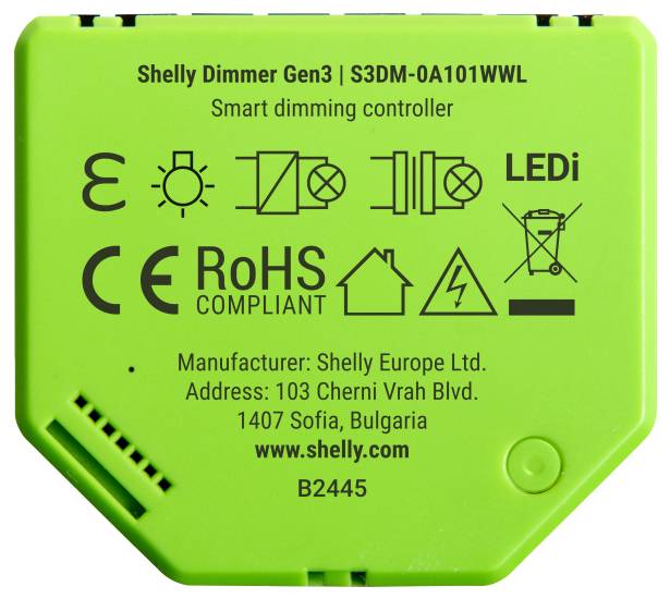 Bilden visar en grön Shelly Dimmer Gen3 smart dimningsregulator, med detaljer om efterlevnadssymboler och tillverkarens adress i Sofia, Bulgarien.