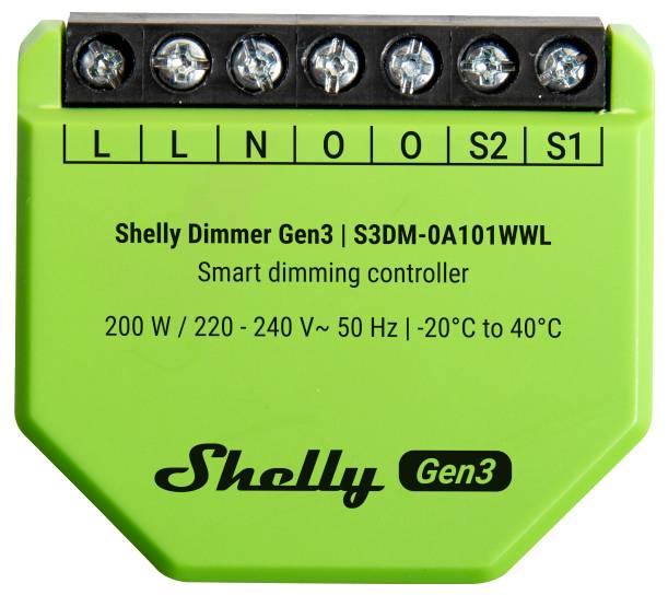 Grön Shelly Dimmer Gen3-enhet med terminalblock på toppen. Texten läser: '200 W / 220 - 240 V ~ 50 Hz | -20°C to 40°C Smart dimningsregulator'.
