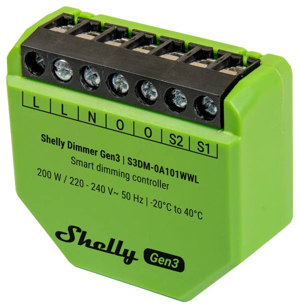 Grön Shelly Dimmer Gen3-enhet med flera terminaler märkta 'L', 'N' och 'O'. Texten inkluderar 'Smart dimming controller'.