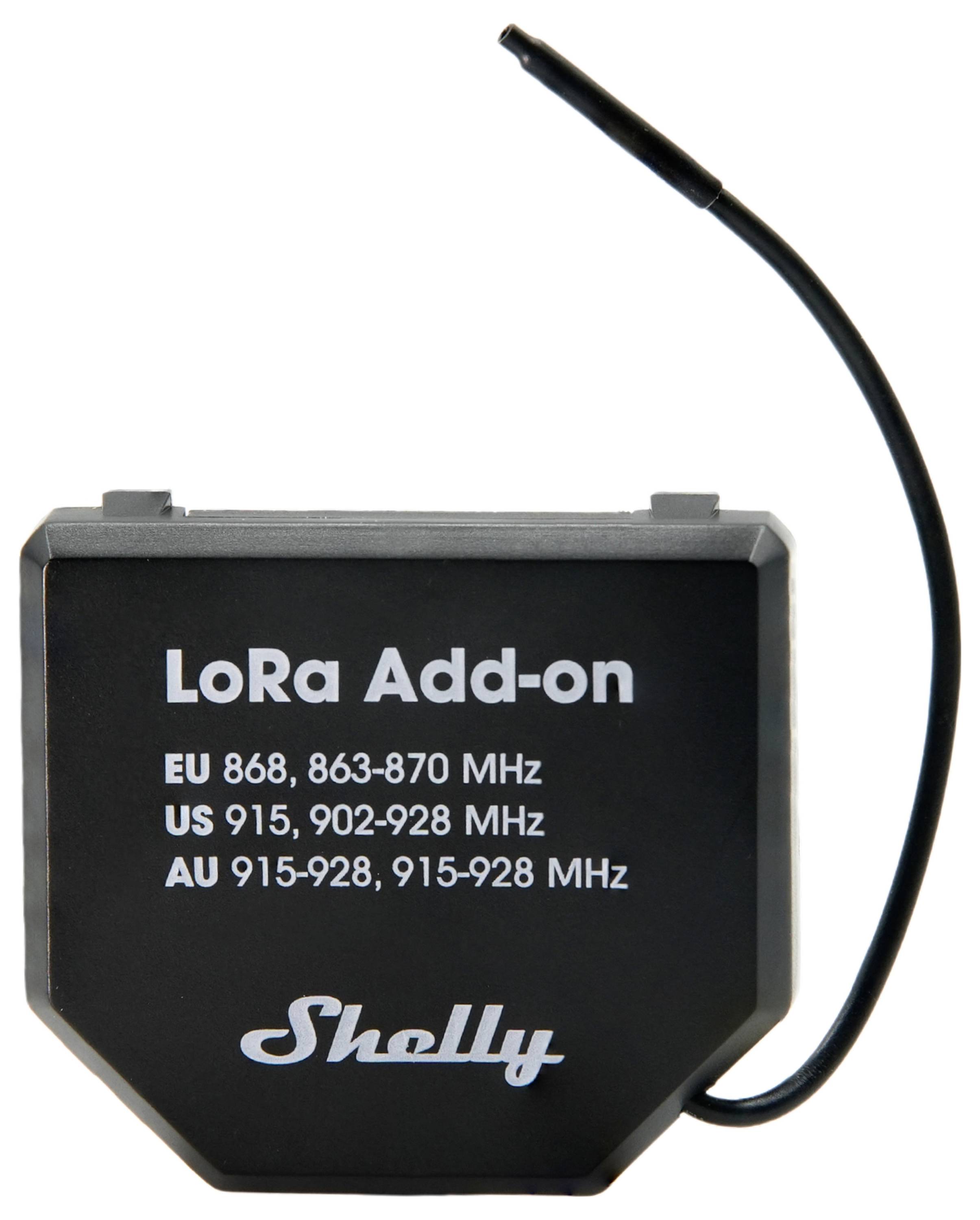 'Shelly LoRa Add-on'-modul med frekvenser för EU, US och AU-regioner, utrustad med en koaxialkabel.