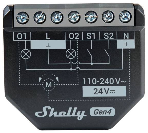 'Shelly Gen4-enhet framifrån med elschema med märkta terminaler O1, O2, S1, S2, L och N; spänningsinformation 110-240V~.'