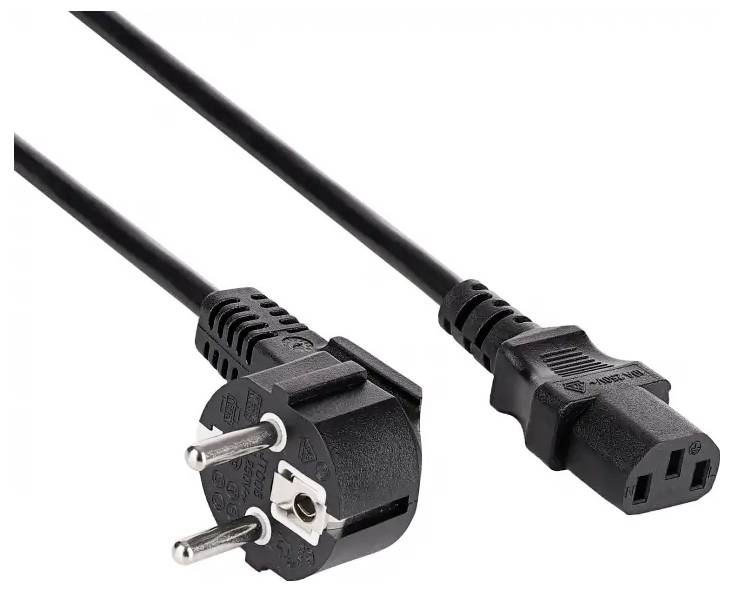 En svart strömkabel med ett europeiskt uttag med två runda stift på ena änden och en IEC C13-kontakt på den andra änden, använd för elektronik.