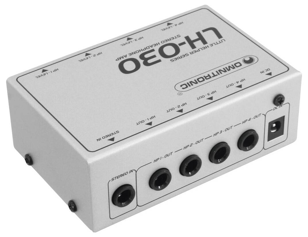 Stereohörlursamplifikatör med fyra utgångskontakter och en strömbrytare, märkt "LH-030" från Omnitronic.