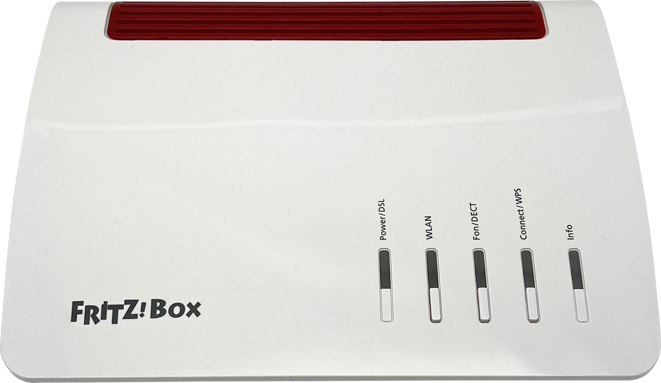 En vit "FRITZ!Box"-router med indikator-LED:or för ström/DSL, WLAN, telefon/DECT, anslut/WPS och info, under ett rött ventilationsgitter.