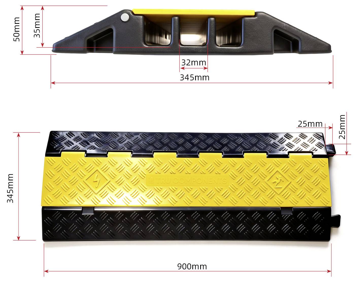 Dimensionerad diagram av en modulär kabelramp: sidovy visar 345mm längd och 50mm höjd; toppvy visar 900mm gånger 345mm fotavtryck, med 25mm kantkant höjd.