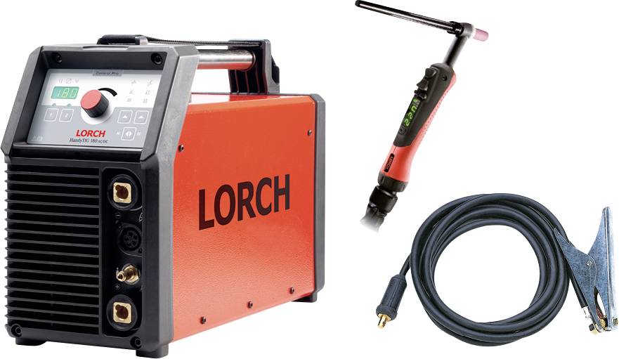 Röd Lorch svetsutrustning med digital display och kontroller, TIG-brännare med handtag och blå jordklämma med kabel och kontakt ansluten.