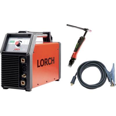 Röd Lorch svetsutrustning med digital display och kontroller, TIG-brännare med handtag och blå jordklämma med kabel och kontakt ansluten.