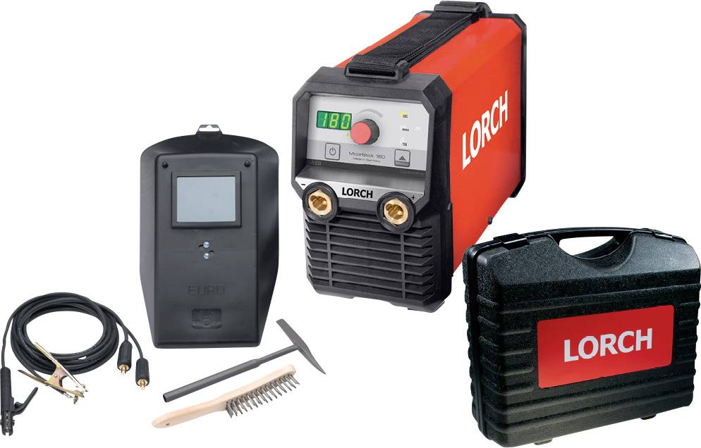 'Lorch' svetsutrustning med digital display, svetshjälm, kablar, borste, hammare och bärväska för portabel användning.