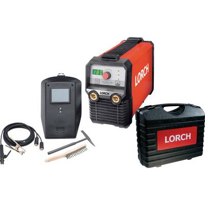 'Lorch' svetsutrustning med digital display, svetshjälm, kablar, borste, hammare och bärväska för portabel användning.