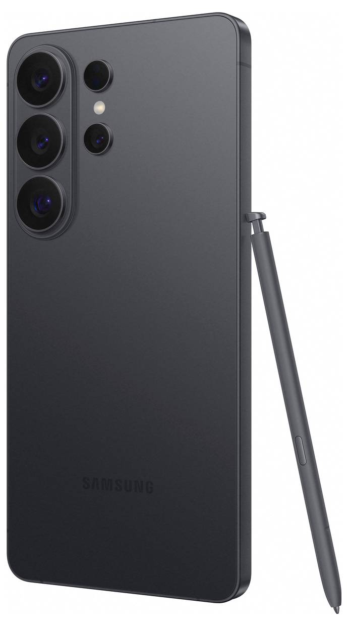 En svart smartphone med tre bakkameror och en S Pen-stylus positionerad bredvid den.
