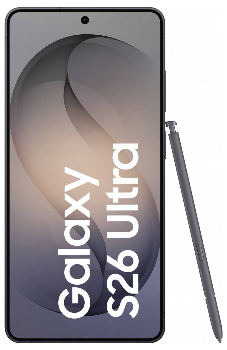 Smartphone visar texten "Galaxy S26 Ultra", med en stylus bredvid den, som visar skärmen och designfunktionerna.