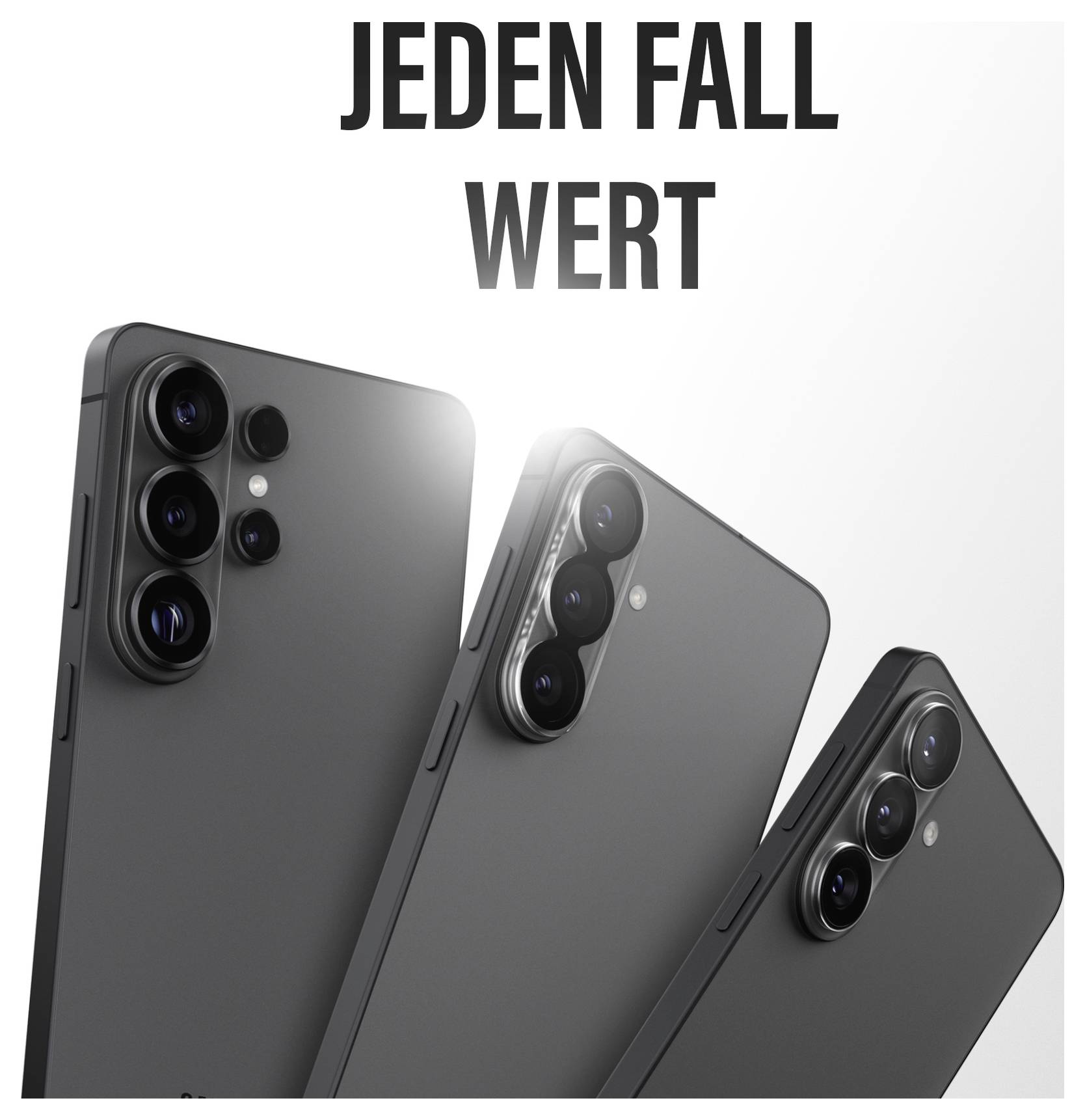 Tre svarta smartphones med trippelkameror visade från olika vinklar. Tysk text ovanför läser 'Jeden Fall wert', vilket betyder 'Värt varje fodral'.