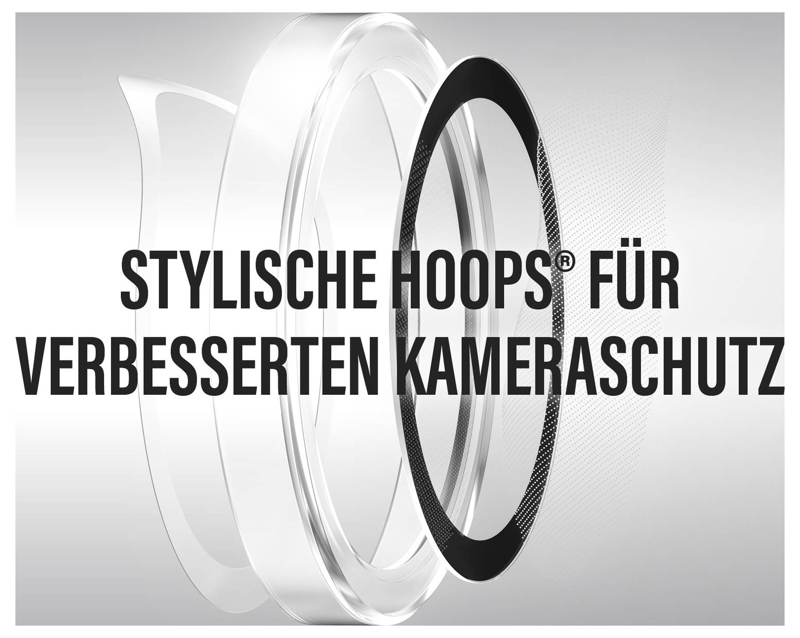 'Stiliga Hoops® för förbättrat kamerasäkerhet.' Transparenta ringar och en texturerad svart ring visas.