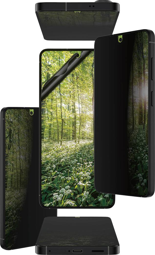 Bild som visar flera vyer av en smartphone med en skogscen på skärmen och elegant svart design på sidorna och toppen.
