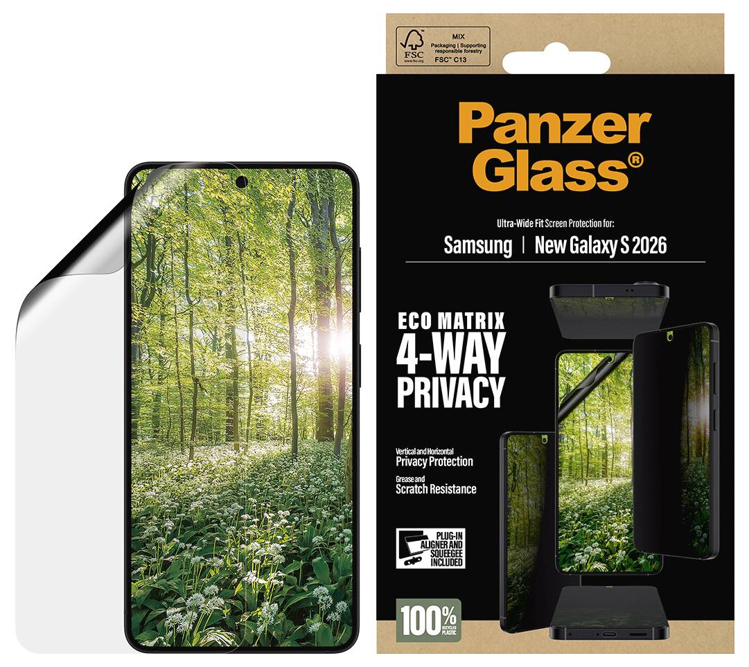 'PanzerGlass Privacy Bundle för Samsung Galaxy S26+.' Inkluderar skärmskydd och kameralinsskydd, visas med produktförpackning.