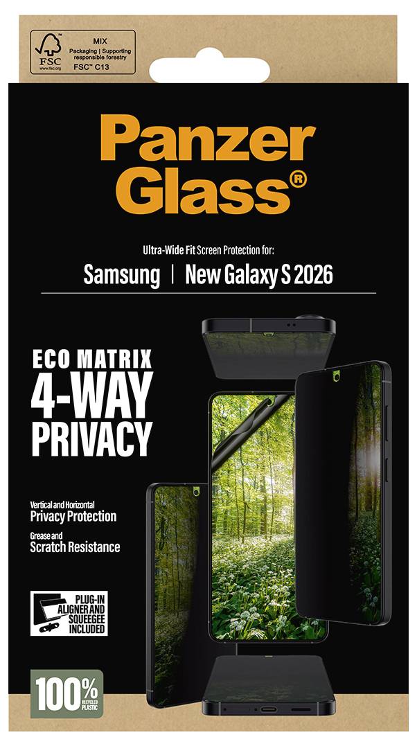 Bilden visar en smartphone med fokus på kameraobjektiven och en PanzerGlass-linseskyddförpackning för Samsung Galaxy S26/S26+.