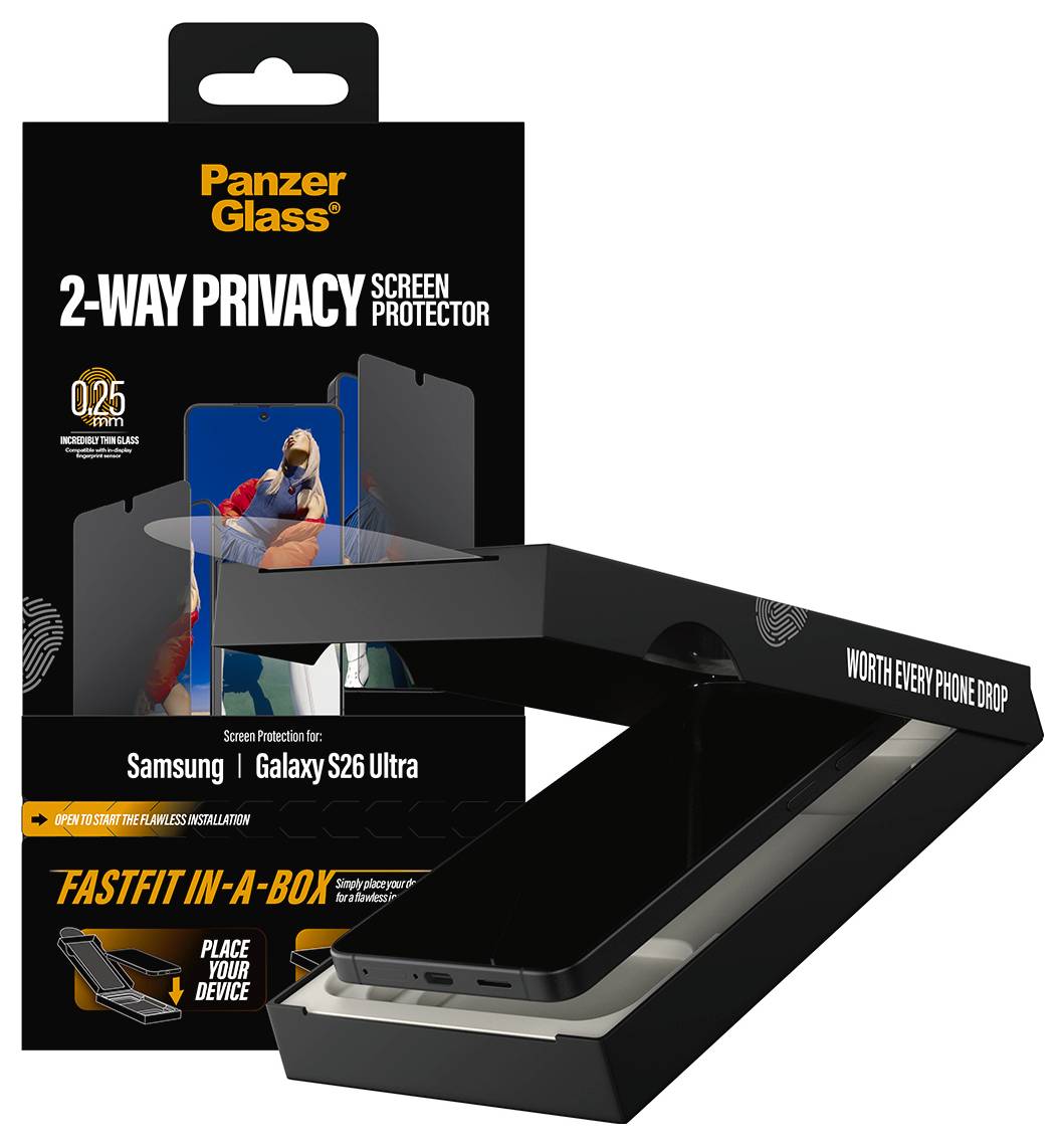 Bilden visar en låda märkt "Panzer Glass 2-Way Privacy Screen Protector" för Samsung Galaxy S26 Ultra. Lådan är öppen med en telefon som delvis glider ut, vilket illustrerar installationsprocessen.