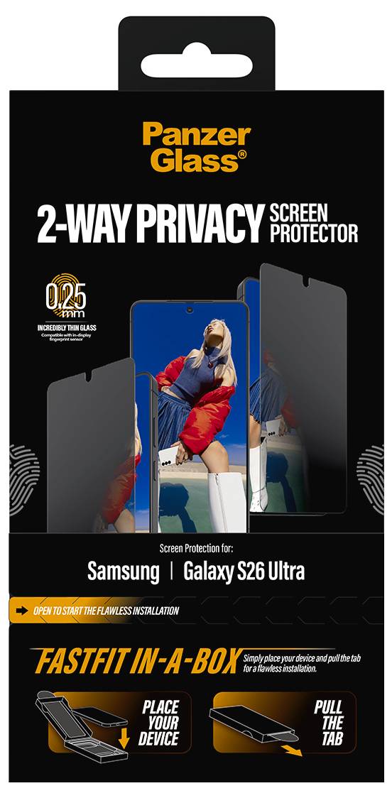 Framsida av Panzer Glass 2-vägs integritetsskärmskydd förpackning för Samsung Galaxy S26 Ultra, med installationsinstruktioner.
