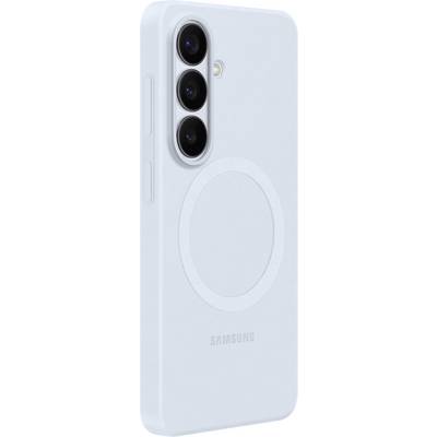 Ett ljusblått Samsung-telefonöverkast med tre bakre kameraöppningar och en cirkulär magnetisk ringdesign på baksidan för trådlös laddningskompatibilitet.