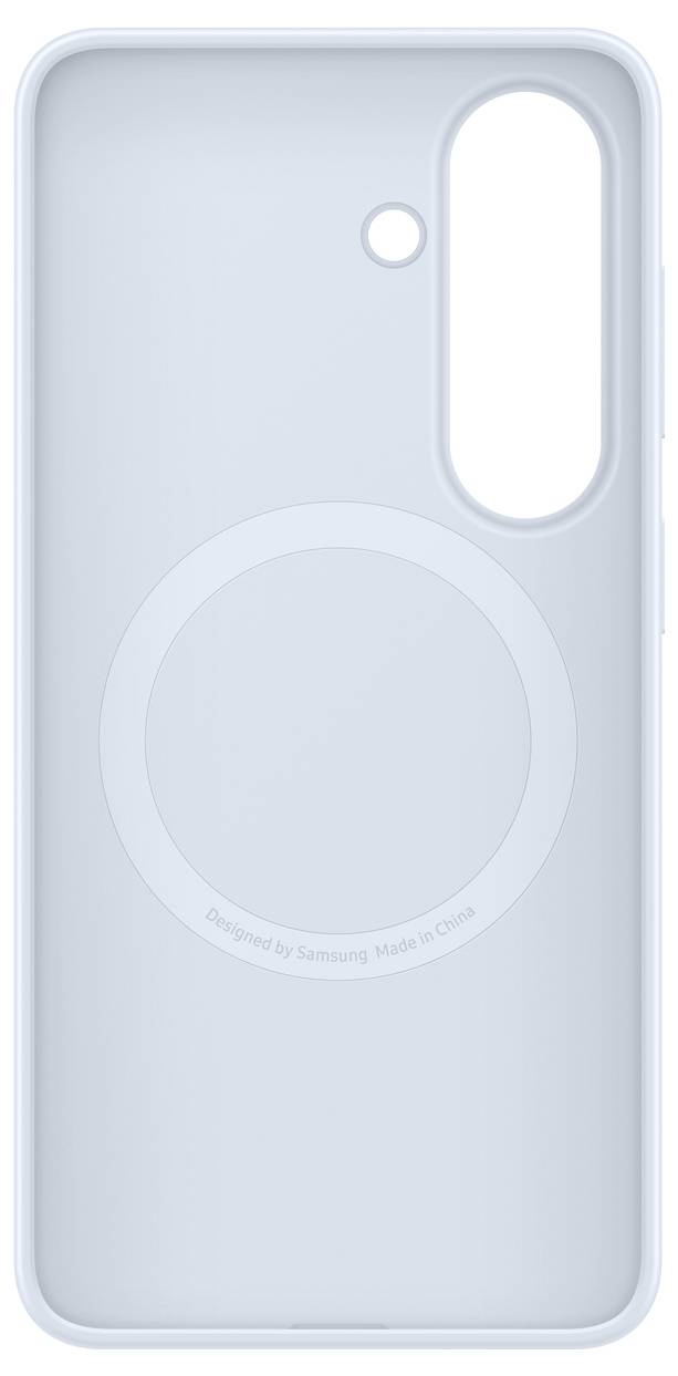 Ett ljusblått smartphoneöverdrag med en öppning för kameran och en rund MagSafe-ringdesign i mitten, tillverkat av Samsung.