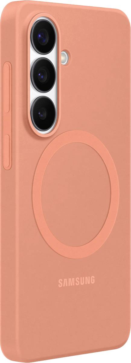 Orange telefonväska med en cirkulär design och tre kamerutskärningar, utformad för en Samsung-telefonmodell.