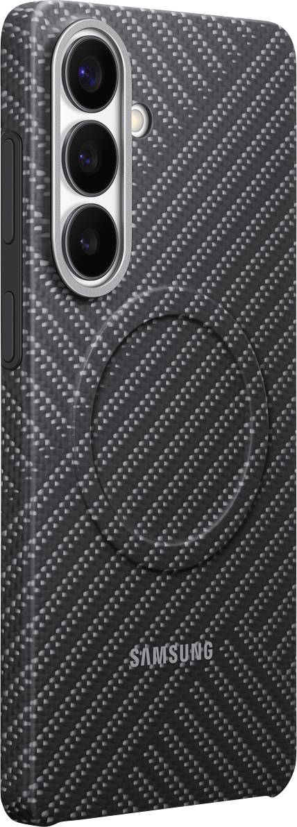 En Samsung-telefonmodell med vikbar skärm i ett mörkt, texturerat skyddsfodral, som visar upp dess trippelkamerauppsättning på baksidan.