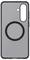 Ett grått smartphonecase med vertikala spår, med en cirkulär MagSafe-design i mitten, kompatibelt med Samsung-enheter.