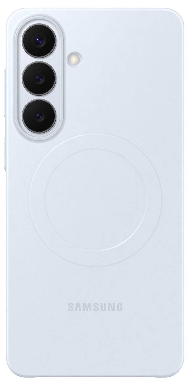 En smartphone med en ramfri design och ett lila, abstrakt virvelmonster på displayen, med en centrerad hål-punch-kamera.