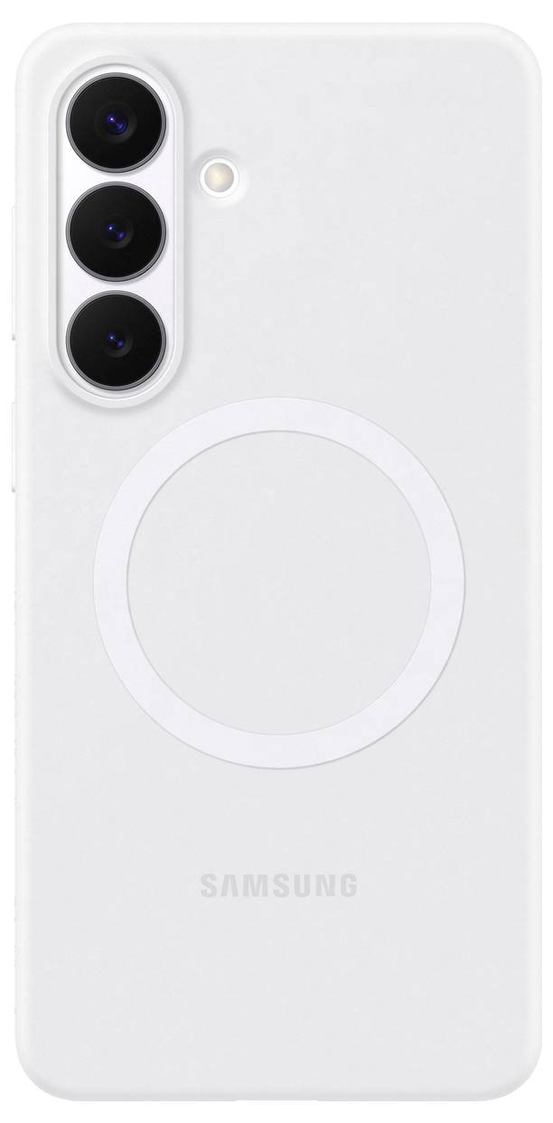 En vit smartphone som visar baksidan med tre kameror i en vertikal rad, ett litet blixtljus och en cirkulär vit design.