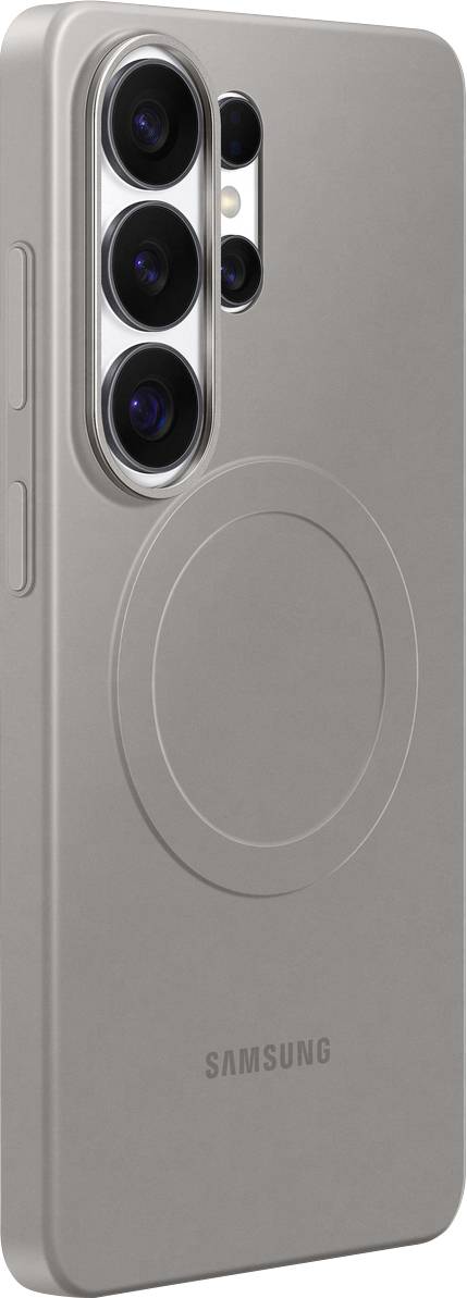 Samsungs telefonskydd i beige med kameraöppning, Magsafe-kompatibilitet och Samsung-logotyp längst ned.