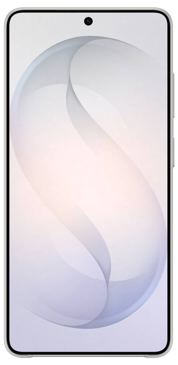 En smartphone med tunn ram, centrerad frontkamera och en subtil abstrakt design på skärmen, mot en vit bakgrund.