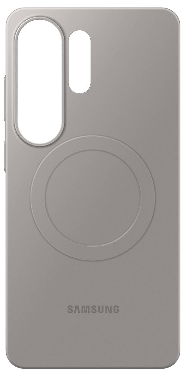 Ett beige Samsung-telefonetui designat för kamerabeskydd, med ett framträdande cirkelsmönster och varumärkeslogotypen nära botten.