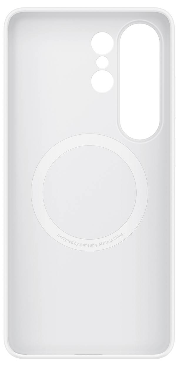 Ett vitt, genomskinligt smartphonelock med cirkulära utskärningar, utformat för specifika kamera- och sensorplaceringar, som visar den inre designen.