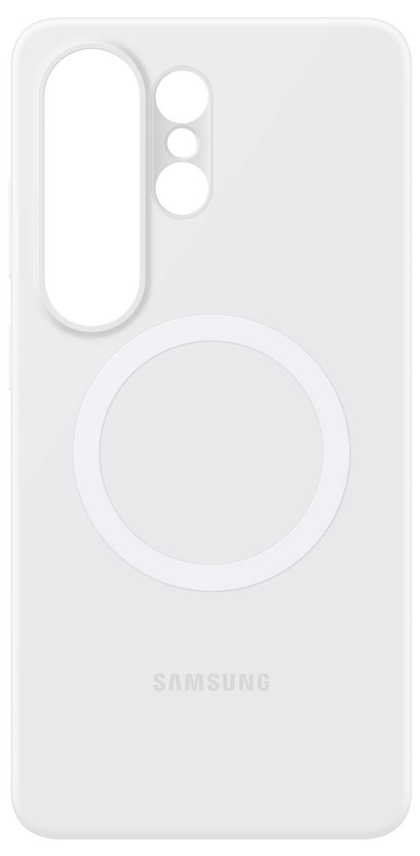Vitt Samsung-telefonfodral med ett stort kamerahål och en cirkulär justeringsguidedesign på baksidan.