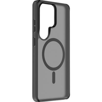 Ett svart telefonskydd med grå baksida, med en central cirkulär design, visad i en vinkel för att framhäva knappplacering på sidan.