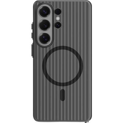 En snygg grå smartphone med tre kameror på baksidan, ett blixt och ett klart skyddsfodral som är delvis avskallat och visar telefonens design.