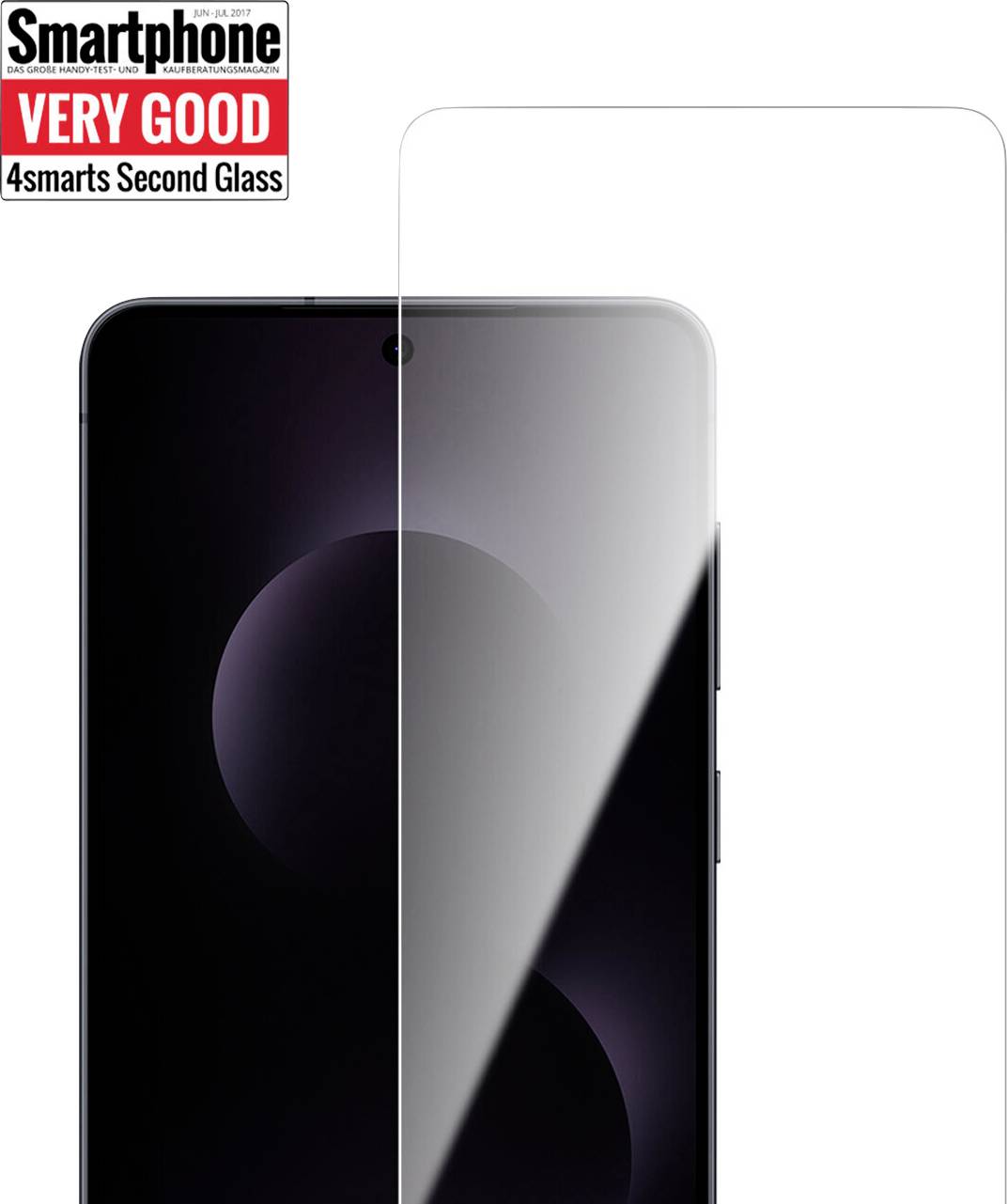 En smartphone med en skärmskydd applicerad. Det övre vänstra hörnet visar en klassificeringsetikett med texten 'Smartphone VERY GOOD 4smarts Second Glass'.