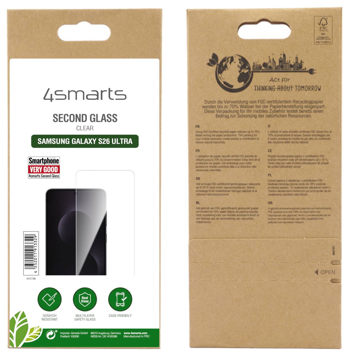 Förpackning för en '4smarts Second Glass' skärmskydd för Samsung Galaxy S26 Ultra, med installationsikoner och ekologiskt meddelande.