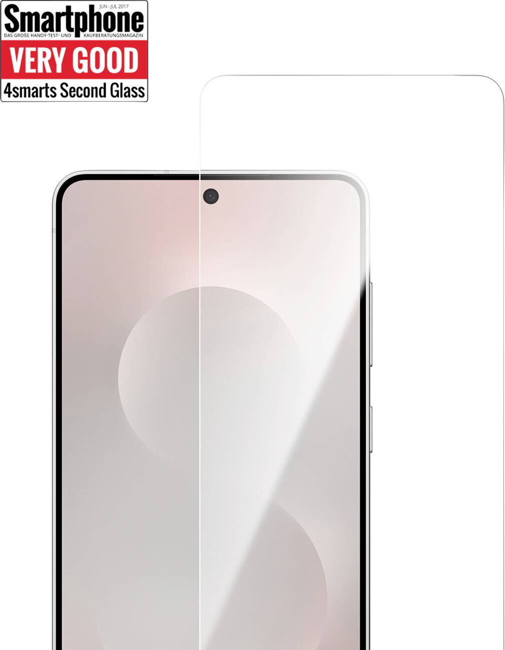En smartphoneskärm med ett skyddsglas, tillsammans med en betygsklassning märkt "Smartphone MYCKET BRA 4smarts Second Glass" i det övre vänstra hörnet.
