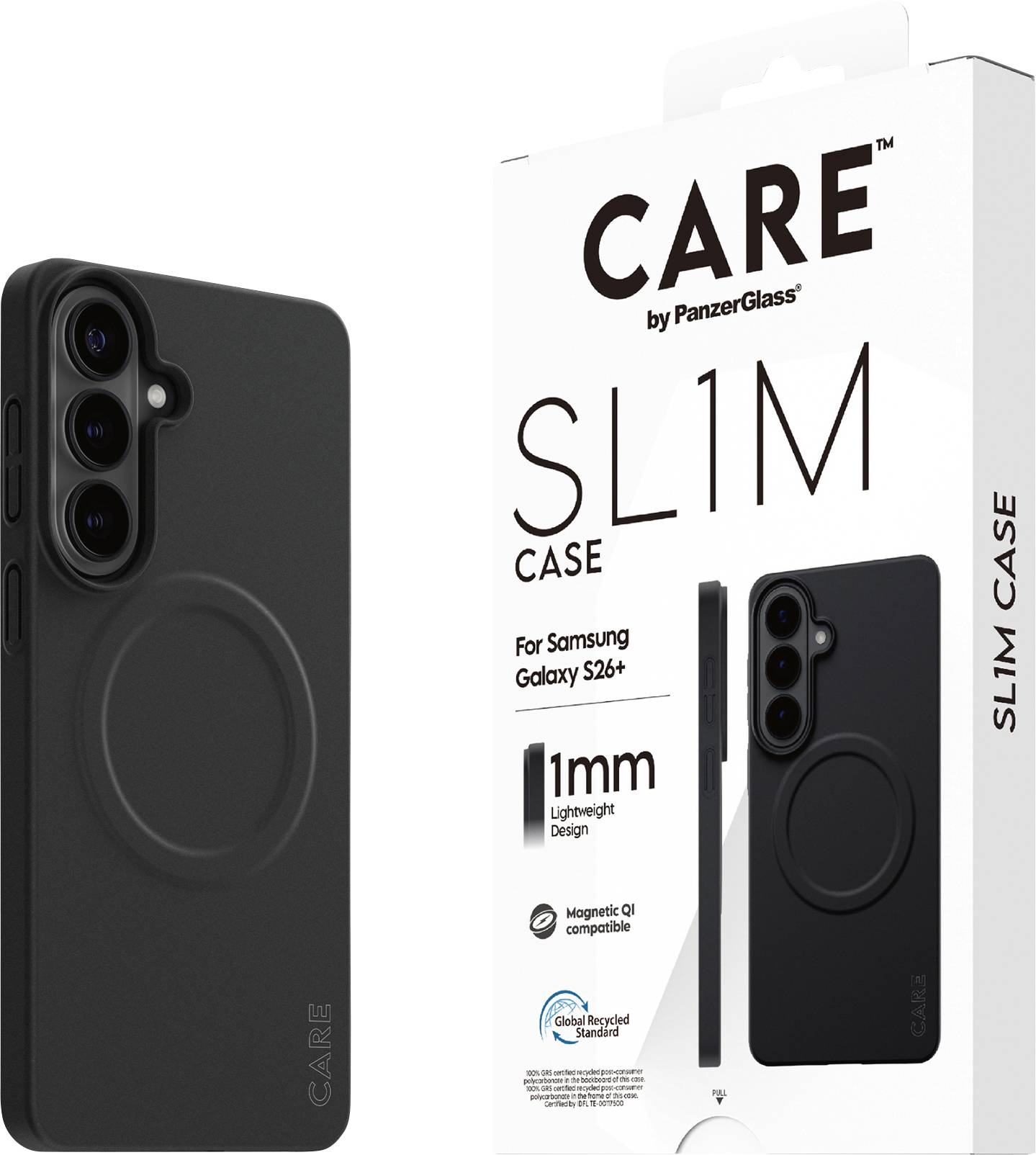 Svart telefonetui med en cirkulär design visad bredvid förpackningen. Texten lyder "SLIM CASE", kompatibel med Samsung Galaxy S26+.