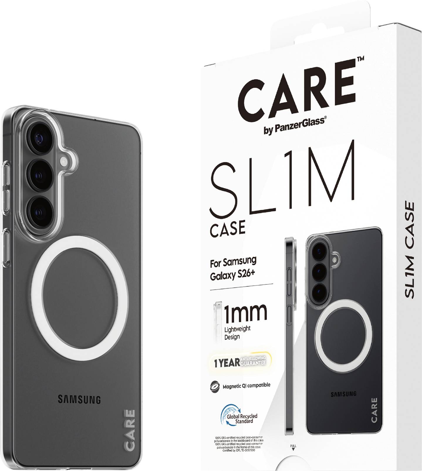 'CARE SL1M-fodral för Samsung Galaxy S26+, 1mm lätt design, 1 års garanti, MagSafe-kompatibel' förpackning med produktbild.