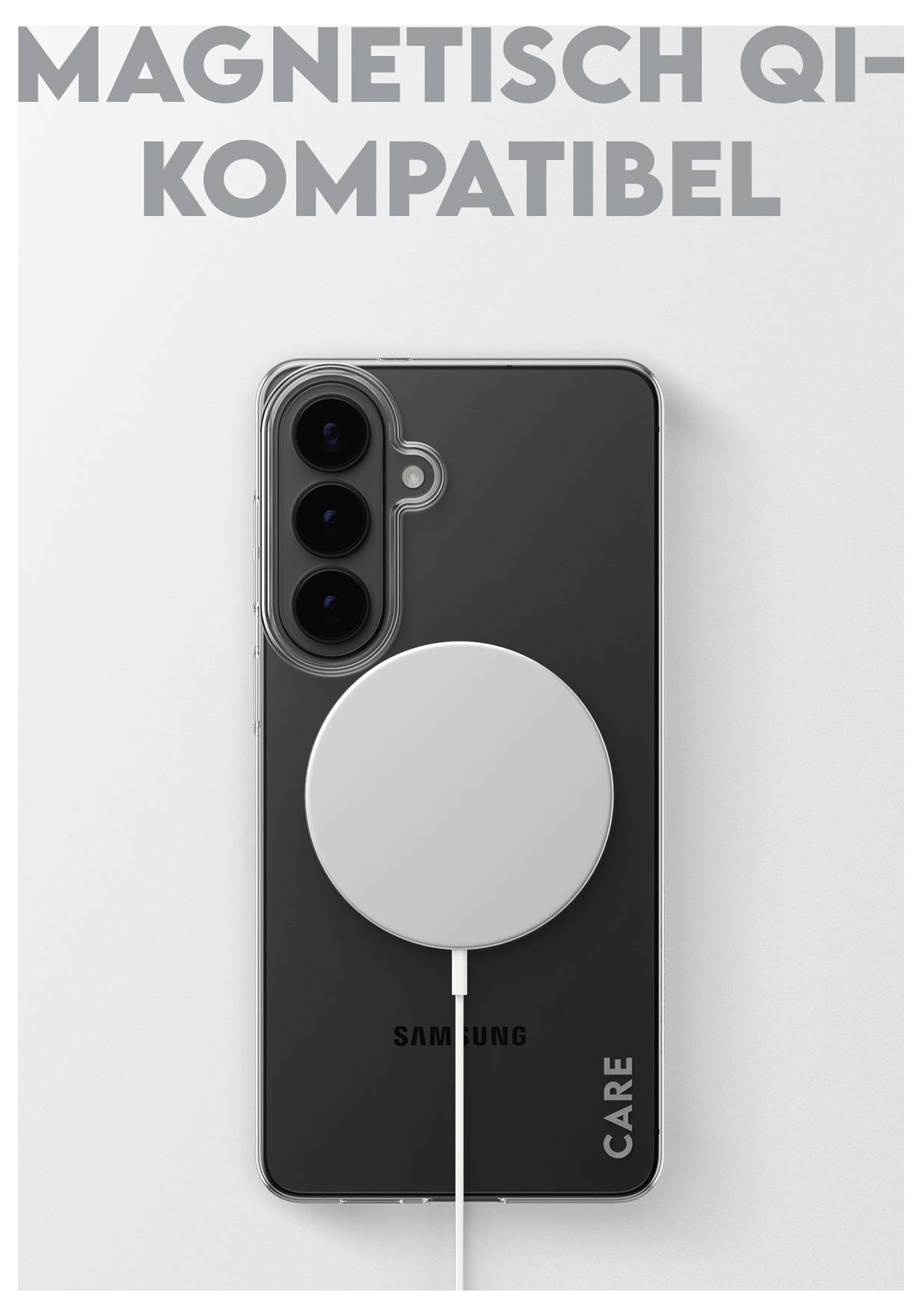 "Magnetiskt Qi-kompatibel" ovanför en smartphone med en rund magnetisk laddare fäst på baksidan, varumärke synligt.